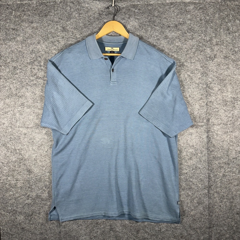 TOMMY BAHAMA Size Large Woven Silk/Cotton‎ Earthtone Blue Polo Shirt Mens Golf